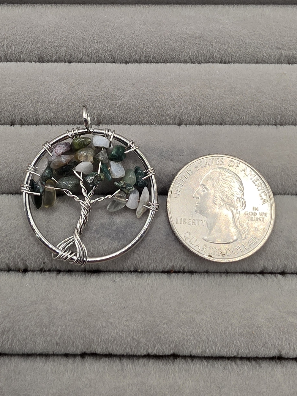 Silver Tree of Life Pendant with Green and White Gem Chips